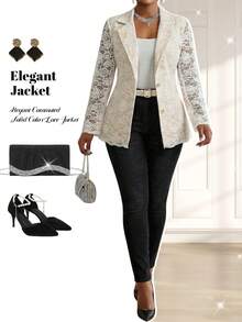 Dripcurv Women's Elegant Summer Beige Knitted Lace Blazer,Long Sleeve Lapel Plus Size Jacket For Wedding,Tea Party,Holiday,Commuting Office Work - Multicolor - View 5