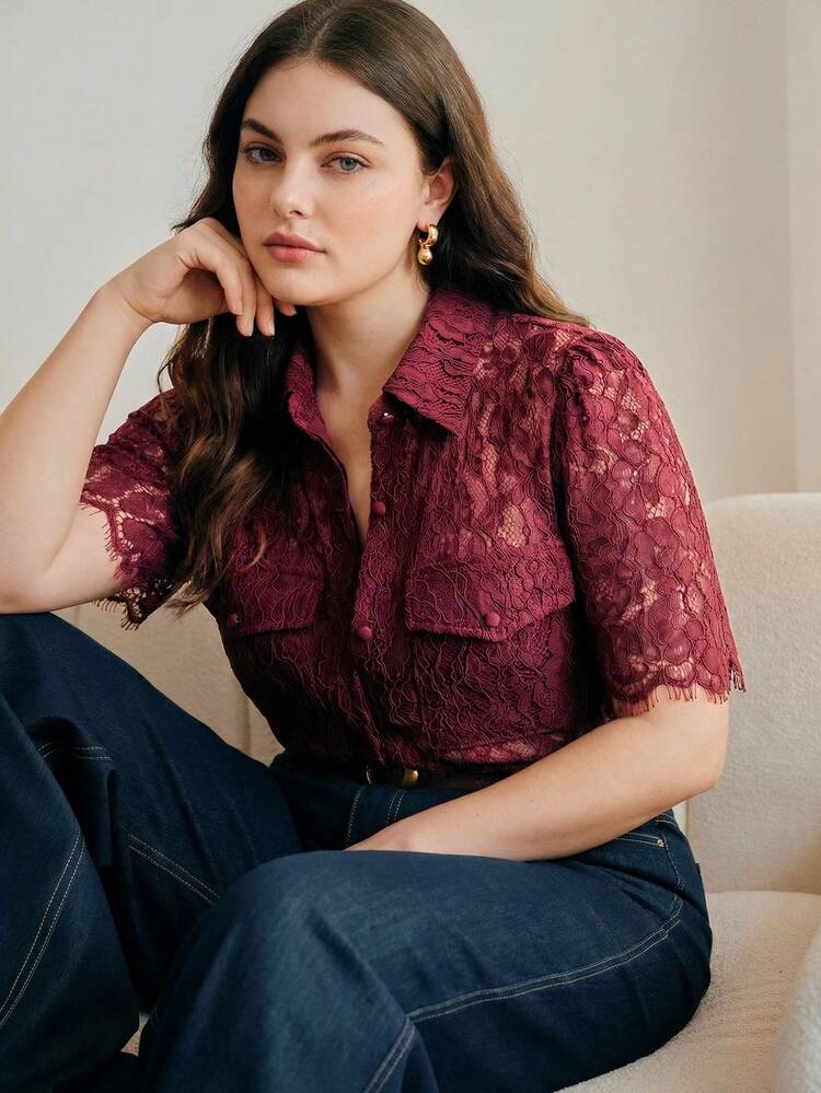 Plus Size Women's Vintage French Style Hollow Lace Trim Short Sleeve Blouse, Elegant