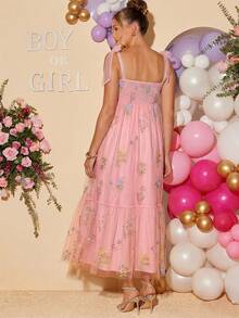 Loomaby Elegant Floral Embroidered Mesh Strap Maternity Dress For Party - Pink - View 2