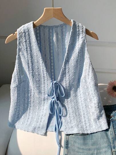 Comfortcana 2026 Spring/Summer New Women's Blue Imitation Crochet Fabric Bow Tie Shirt,Winter,Easter,Party ,Beach,Wedding,Graduation,Elegant,Casual,Vacation,Sports, Formal,Y2k,Business,Sequin,Fringe,Ruffle,Flower,Graphic,