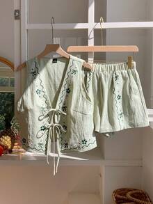Conjunto de chaleco y pantalones cortos de estampado de anacardo con cordón en la cintura, estilo bohemio de verano para vacaciones, color verde oliva tejido para mujer - Verde - Ver 7
