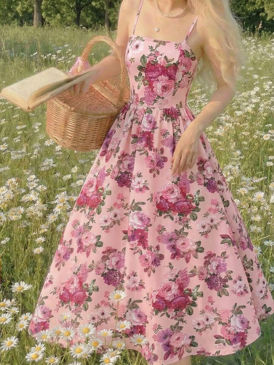 SHEIN Tween Girl Ditsy Floral Sleeveless Mid-Length Dress, Pastel Pink - Pink - View 1