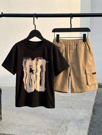 2pcs/Set Young Boys' Casual Versatile Round Neck T-Shirt And Khaki Cargo Shorts Set, Suitable For Spring/Summer, Daily Wear, Sports, Outings, School, Gatherings, Festivals, Performances, And Photoshoots