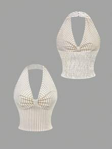 Sweetra Áo crop top kẻ sọc dáng suông, cổ yếm, xoắn sau, gợi cảm dành cho nữ, thích hợp cho mùa xuân/hè. - Màu be - Xem 3