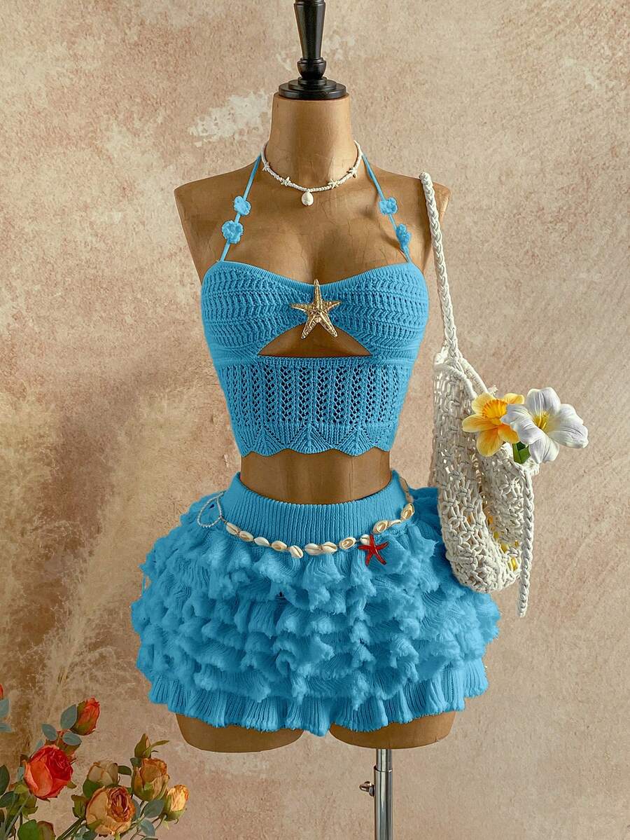 SHEIN WYWH Bộ đồ 2 mảnh dành cho nữ mùa xuân/hè, gồm áo hai dây cổ yếm buộc dây và chân váy mini xếp tầng, thích hợp cho đi biển, nghỉ mát, gợi cảm, hẹn hò, du lịch biển. - Màu xanh ngọc - Xem 1