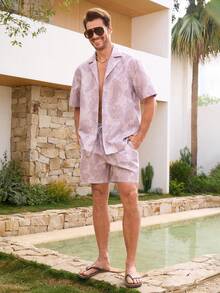 Palasendo Bộ đồ đi biển thường ngày dành cho nam giới: áo sơ mi và quần short in họa tiết cây cỏ. - Nhiều màu - Xem 6