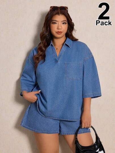 Elaquor Bộ đồ denim cỡ lớn gồm áo tay ngắn và quần short (2 món)