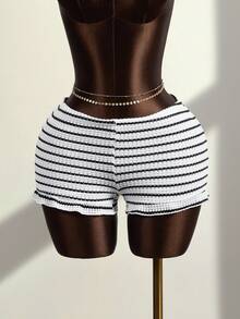 Zestiva High-Selling Spring/Summer Special Jacquard Textured Striped Fabric Elastic Waist Pants With Floral Trim - Multicolor - View 3