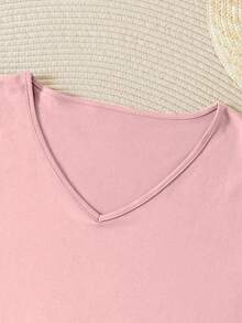 Plus Size Women's V-Neck Casual Sports Tee, Summer New Design, Pink Color - Black - View 3