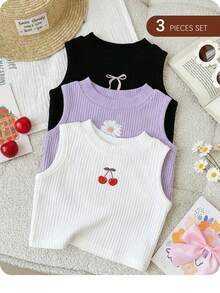 SHEIN 3pcs/Set Cute Summer Versatile Knit Bow & Floral Pattern Camisole For Baby Girl - Multicolor - View 6