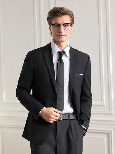 Officeau 2pcs Fureya Men's Suit Jacket, Elegant Solid Color Single-Breasted Long Sleeve Slim Fit Formal Suit Set With Tie, Business/Wedding/Party Wear, Vintage Style, Black, Size XS-XXXL