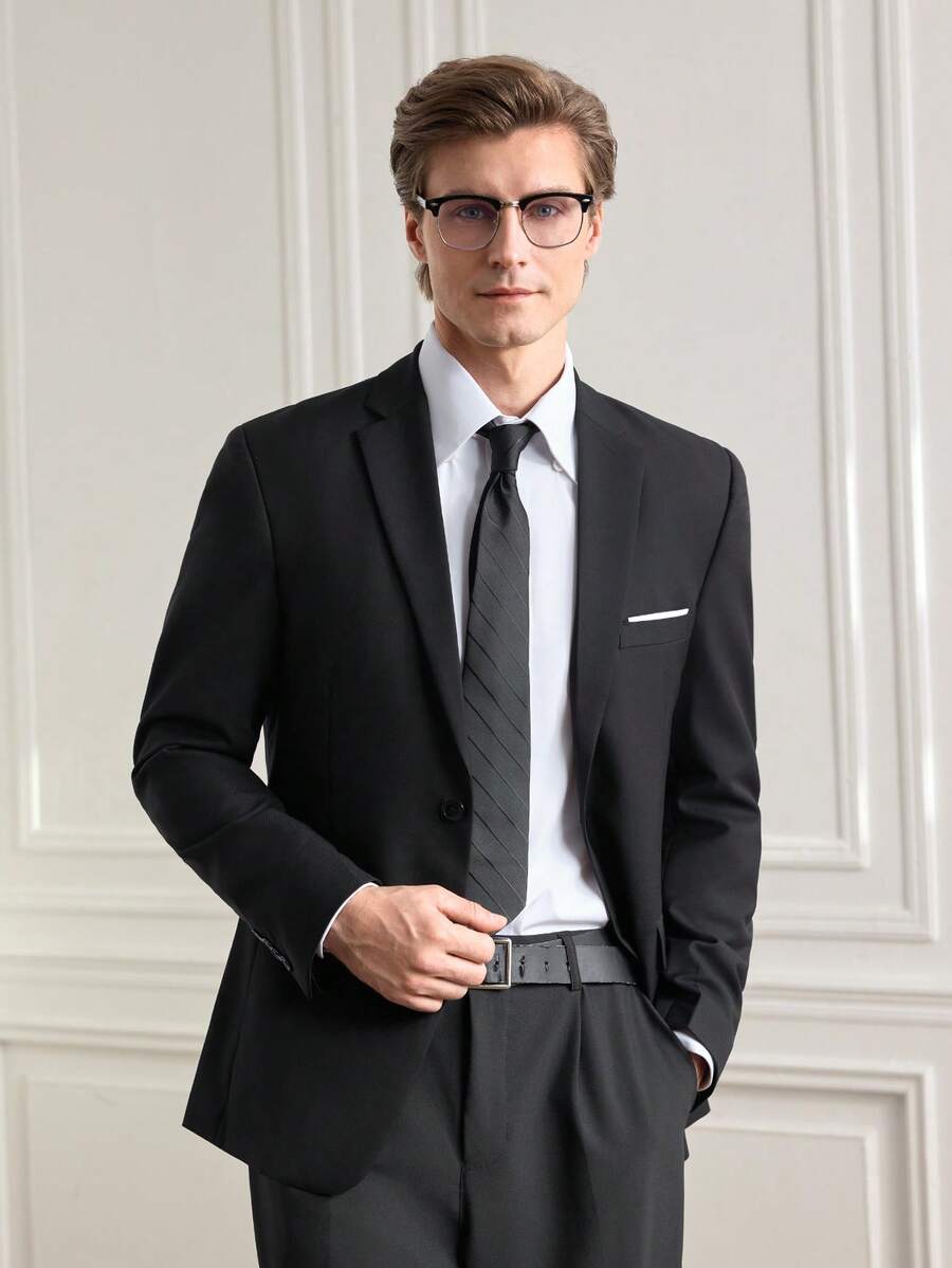 Officeau Bộ 2 món áo vest nam, màu trơn thanh lịch, một hàng khuy, tay dài, dáng ôm, bộ vest trang trọng kèm cà vạt, mặc đi làm/đám cưới/tiệc, phong cách vintage, màu đen, size XS-XXXL, áo blazer cho nam - màu đen - Xem 1