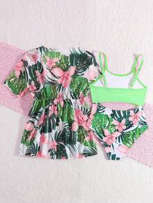 SHEIN 少女夏季度假拼接花卉印花镂空连体泳衣和罩衫 - 綠色 - 查看 3