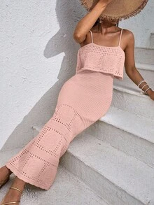 EURMUSE Women's Solid Color Vacation Style Openwork Knit Dress - Coral Pink - View 7