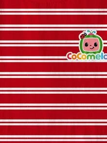CoComelon X SHEIN 女童夏季休闲西瓜印花条纹圆领短袖T恤 - 白色 - 查看 3