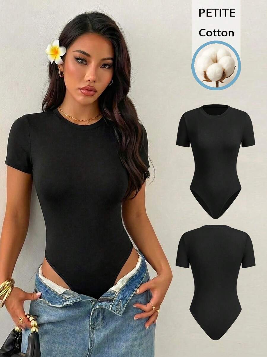 SHEIN PETITE 小码女士91%纯棉舒适连体衣,款式百搭,适合春夏穿着 - 黑色 - 查看 1