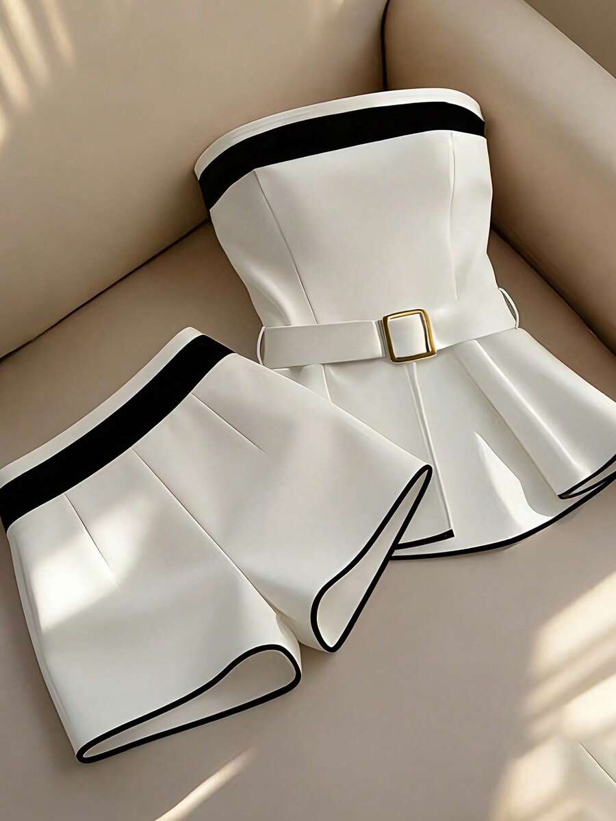 Franclia 女士优雅撞色抹胸上衣和短裤两件套，夏季 - 白色 - 查看 1