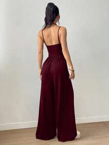 SHEIN PETITE Bộ áo liền quần nữ dáng suông, xếp ly, rộng rãi, thích hợp cho mọi mùa. - Màu Đỏ Sâu - Xem 2