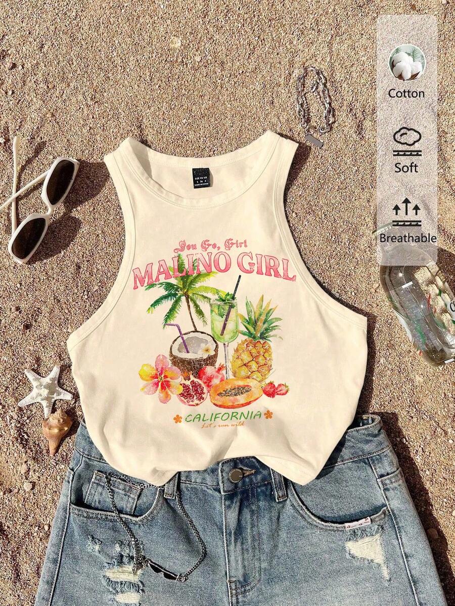 SHEIN EZwear Áo tank top nữ dáng ôm, cổ tròn, tối giản, thích hợp cho mùa hè. - Màu be - Xem 1