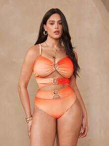 Swim Oasis Set da bagno a 3 pezzi con sfumatura arancione, taglie comode, slip a vita alta + gonna in rete, costumi da bagno snellenti per vacanze al mare - Multicolore - Visualizzare 3