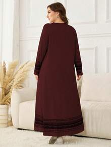 Lacomfia Herbst/Winter Lässig Rundhals Pullover Strick strukturierte lose vielseitige bedruckte Patchwork Damen Große Größen Kleid - Bordeaux - Übersicht 2