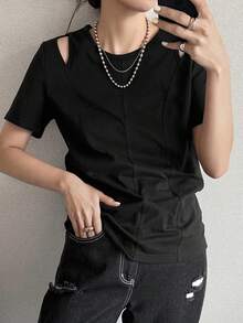 FRIFUL Women's Summer Spring Solid Color Slim Fit Flattering Versatile Short Sleeve T-Shirt - Black - View 4
