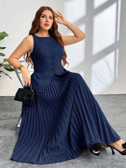 Firerie Plus Size Women's Commuter New Faux Pocket Decor Boat Neck Khaki Valentine's Office Chic Commuter Elegant High Street Blazer Vest Open Front Blazer And Pleated Skirt 2-Piece Set