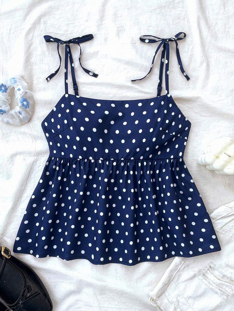 少女波点吊带背心，甜美可爱，藏蓝色 - 藍色 - 查看 1