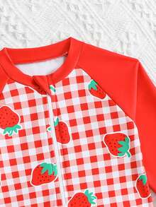 Souflis Souflis 1pc Girls Red Plaid Strawberry Print One-Piece Swimsuit,Long Sleeve Zipper Rash Guard With Ruffle Hem,Elegant Kids Summer Beach Bathing Suit Dress - Red - View 4