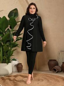 Swim Mulvari Plus Size Colorblock Ruffle Trim Burkini - Black - View 4
