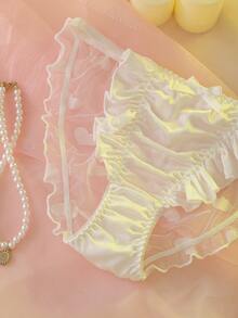 White Satin Mesh Splice Sheer Ruffle Trim Elegant Bridal Panties - White - View 4