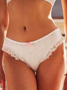 White Embroidered Floral Pattern Ruffle Hem Bow Romantic Bohemian Style Women's Panties - White - View 1