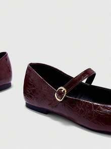 CUCCOO BIZCHIC Women's Square Toe Buckle Design Flat Loafers - Burgundy - View 5