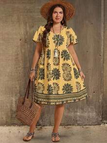 EMERY ROSE Plus Size Floral & Geometric Print Casual Vacation Dress - Mustard Yellow - View 6