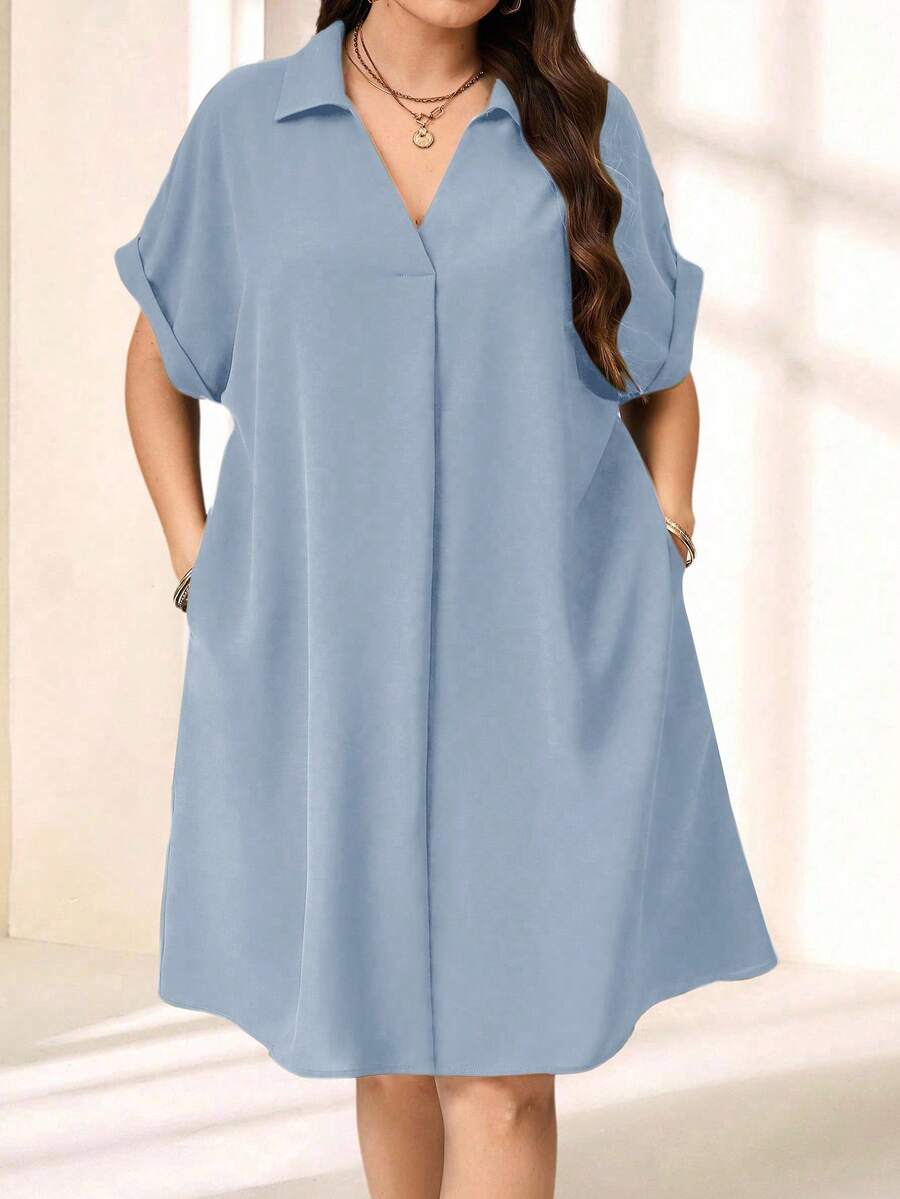 EMERY ROSE Đầm ngắn tay cổ bẻ màu trơn cỡ lớn, kiểu dáng tối giản, trang phục mùa hè cho phụ nữ. - Màu xanh lam - Xem 1