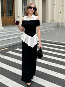 2pcs/Set Teenage Girls Asymmetric Hem Colorblock Off Shoulder Short Sleeve Shirt And Loose Straight Leg Pants Suit, Casual Commuter Outfit - Black and White - View 5