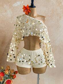 Soleia Bộ đồ 2 món dành cho nữ, áo croptop và quần short đính sequin, thích hợp đi biển. - trắng - Xem 5