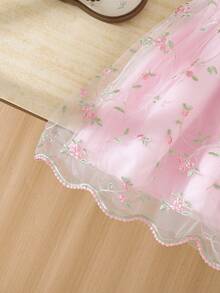 Elladie kids 女童优雅花瓣袖玫瑰提花蕾丝网纱公主裙，女童夏季新款时尚仙女裙，1 件套 - 粉色 - 查看 9