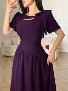 Feyla New Arrival French Style Hollow Collar Tie-Waist Pleated Elegant Dress - Purple - View 4