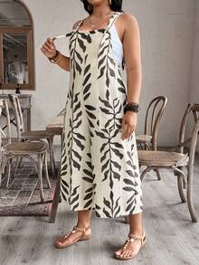 Linhara CURVE Bộ áo liền quần đi biển phong cách Bohemian cỡ lớn dành cho nữ, họa tiết cây cỏ, trang trí túi, kiểu dáng giản dị, dễ phối đồ cho cả ngày thường và kỳ nghỉ xuân hè. Lựa chọn trang phục xuân hè cho Ngày của Mẹ, trang phục mùa hè cho nữ. - Nhiều màu - Xem 4