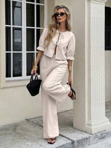 Serisse 女士时尚休闲度假风荷叶袖系带上衣和阔腿裤两件套，春夏秋季 - 杏色 - 查看 6