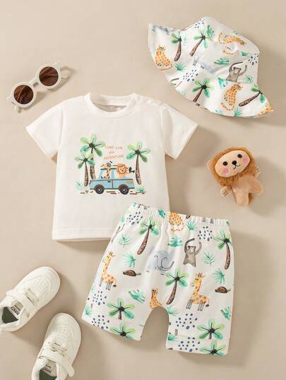 Newborn Baby Comfortable Cartoon Print Short Sleeve Top, Shorts And Hat 3-Piece Set, Summer