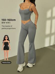 SHEIN PETITE 夏季黑色蕾丝拼接吊带+喇叭裤女修身两件套 - 灰色 - 查看 8