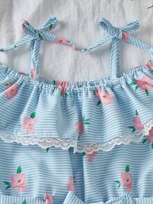 Young Girls Romper, Blue Striped Floral Print, Delicate Ruffle Design, Elastic Waist With Belt, Shorts - Multicolor - View 3