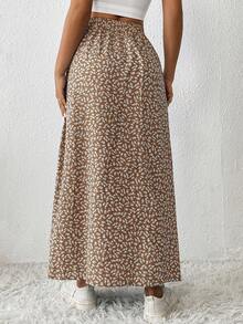 SHEIN PETITE Ditsy Floral Print Split Thigh Skirt - Khaki - View 2