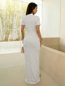 SHEIN SXY Đầm polo tay ngắn kẻ sọc tối giản phong cách thường ngày dành cho nữ, đầm dệt kim co giãn ôm sát xẻ tà, đầm thanh lịch kiểu Pháp. - Đen và trắng - Xem 5