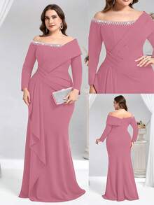 Coutiva 大码水钻装饰露肩正式晚礼服（缀饰繁复） - 粉色 - 查看 1