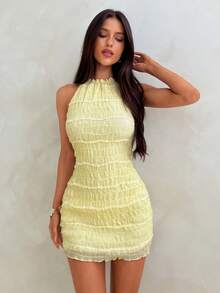 Aloruh Đầm ngắn gợi cảm hở lưng cổ yếm, xếp ly, có họa tiết dành cho nữ, thích hợp cho kỳ nghỉ xuân hè, lãng mạn và hẹn hò. - Màu be - Xem 3