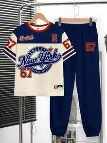 Tween Boy Navy Blue Streetwear Set,Back-To-School Y2K Retro American Patchwork Number 67 Round Neck Short Sleeve T-Shirt & Pants For School Summer - Multicolor - View 2