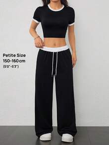 SHEIN PETITE 2件組女款素色拼接圓領短袖上衣與長褲套裝，適合嬌小女性 - 黑色 - 查看 10